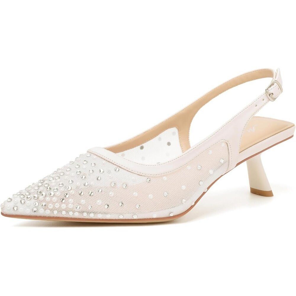 Women's Beige Pearl Pointed Toe Pumps Patent Leather Slingback Heels With Buckle